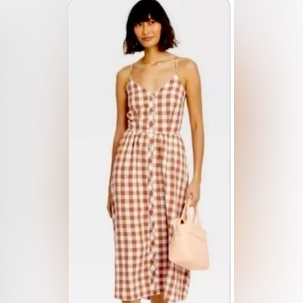 A New Day White Brown Gingham spaghetti strap sleeveless midi Button-Front Dress